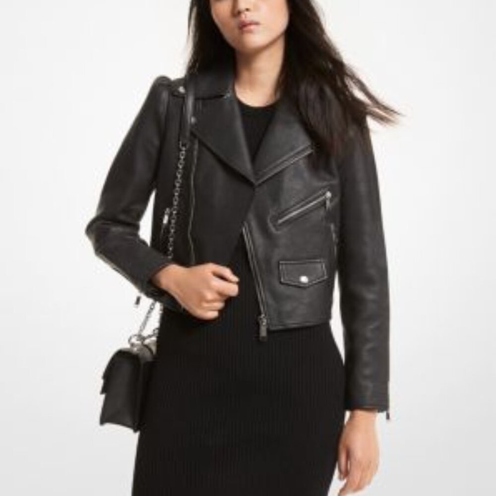 Michael Kors Genuine Pebbled Leather Puff-Sleeve Moto Jacket